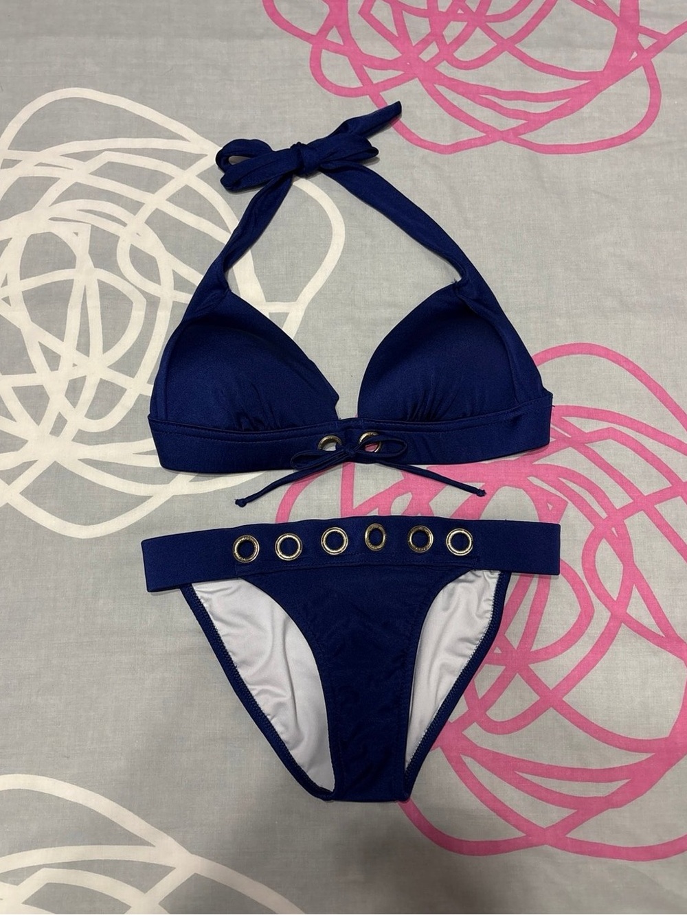 Venus Navy Blue Bikini Set With Gold Grommet Details